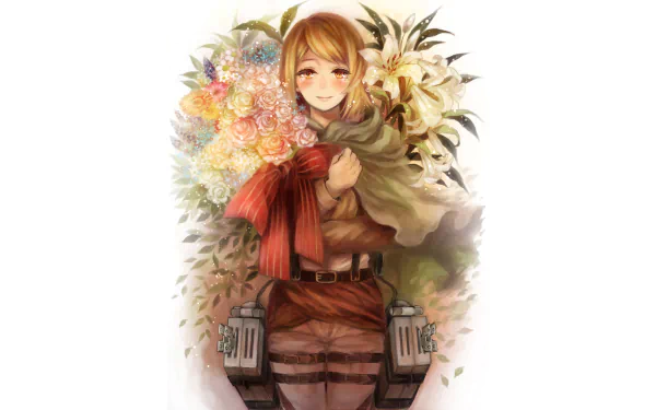 Anime-style HD desktop wallpaper featuring Petra Ral from Attack on Titan, holding a large bouquet of colorful flowers with a gentle smile.