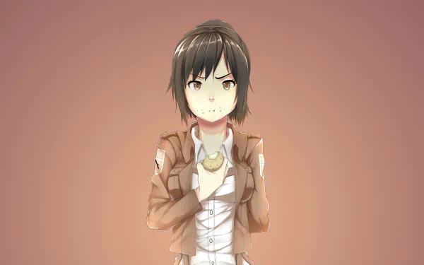 Anime HD PC desktop wallpaper of Sasha Blouse (Attack on Titan), front-facing in her Survey Corps jacket, holding a snack against a warm gradient background.