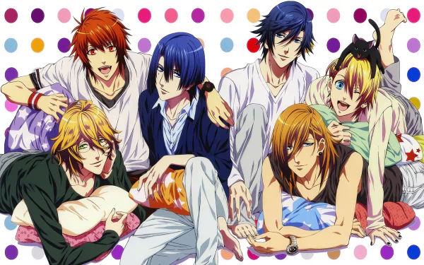 HD anime desktop wallpaper featuring Shinomiya Natsuki, Kurusu Syo, Jinguji Ren, Ittoki Otoya, Ichinose Tokiya, and Hijirikawa Masato from Uta no Prince-sama.