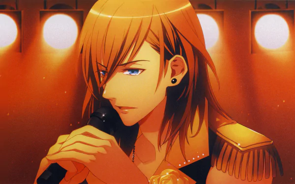 Jinguji Ren from Uta no Prince-sama singing into a microphone under warm stage lights — anime 5K Ultra HD PC desktop wallpaper.