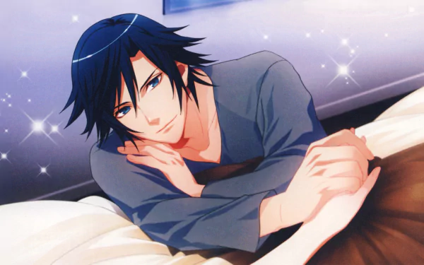 Ichinose Tokiya (Uta no Prince-sama) reclining on a bed, soft smile and sparkling background — anime 2K Quad HD PC desktop wallpaper.