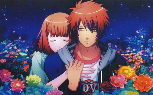 Nanami Haruka embraces Ittoki Otoya among vibrant flowers under a starry night — anime Uta no Prince-sama 5K Ultra HD PC desktop wallpaper and background
