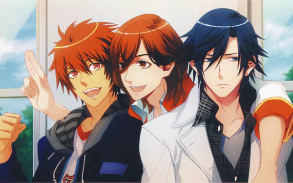 4K Ultra HD Uta no Prince-sama PC wallpaper showing Ittoki Otoya, Kotobuki Reiji, and Ichinose Tokiya posing in a sunlit train carriage, bright anime-style trio.