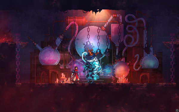 HD desktop wallpaper from the game Dead Cells, featuring a character in combat within a dark, atmospheric alchemical laboratory.