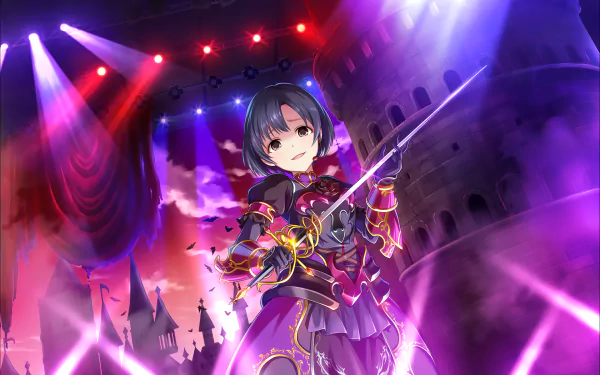 HD anime wallpaper featuring Hotaru Shiragiku from THE iDOLM@STER: Cinderella Girls Starlight Stage, depicted in detailed stage lighting with vibrant purple and red hues.