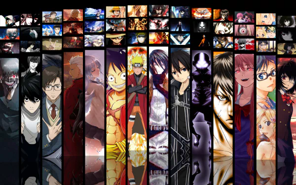 An HD desktop wallpaper featuring a vibrant anime crossover with various characters from different series standing side by side. The background includes smaller images from anime scenes.