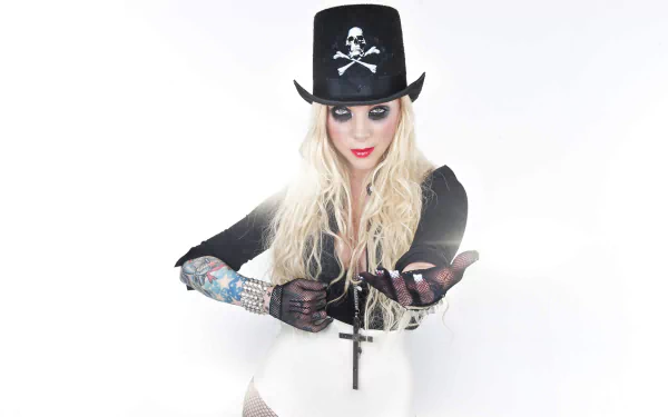HD PC desktop wallpaper: heavy metal, In This Moment–themed singer in a skull top hat, long blonde hair, cross pendant, tattooed arm and gloved hands on a white background.