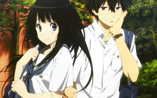 HD wallpaper of Hōtarō Oreki and Eru Chitanda from the anime Hyouka in their school uniforms, standing outdoors with a nature backdrop.