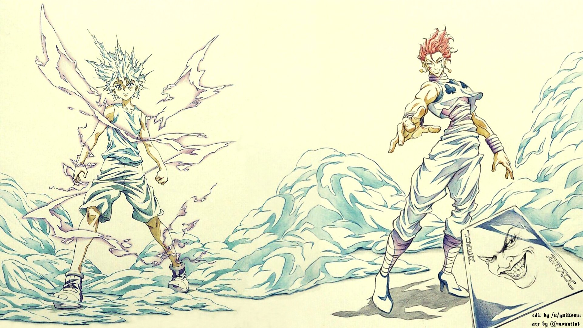 HD desktop wallpaper and background featuring characters from Hunter x Hunter, depicting an intense scene with one character generating electricity and the other poised for battle against an icy mountain backdrop.
