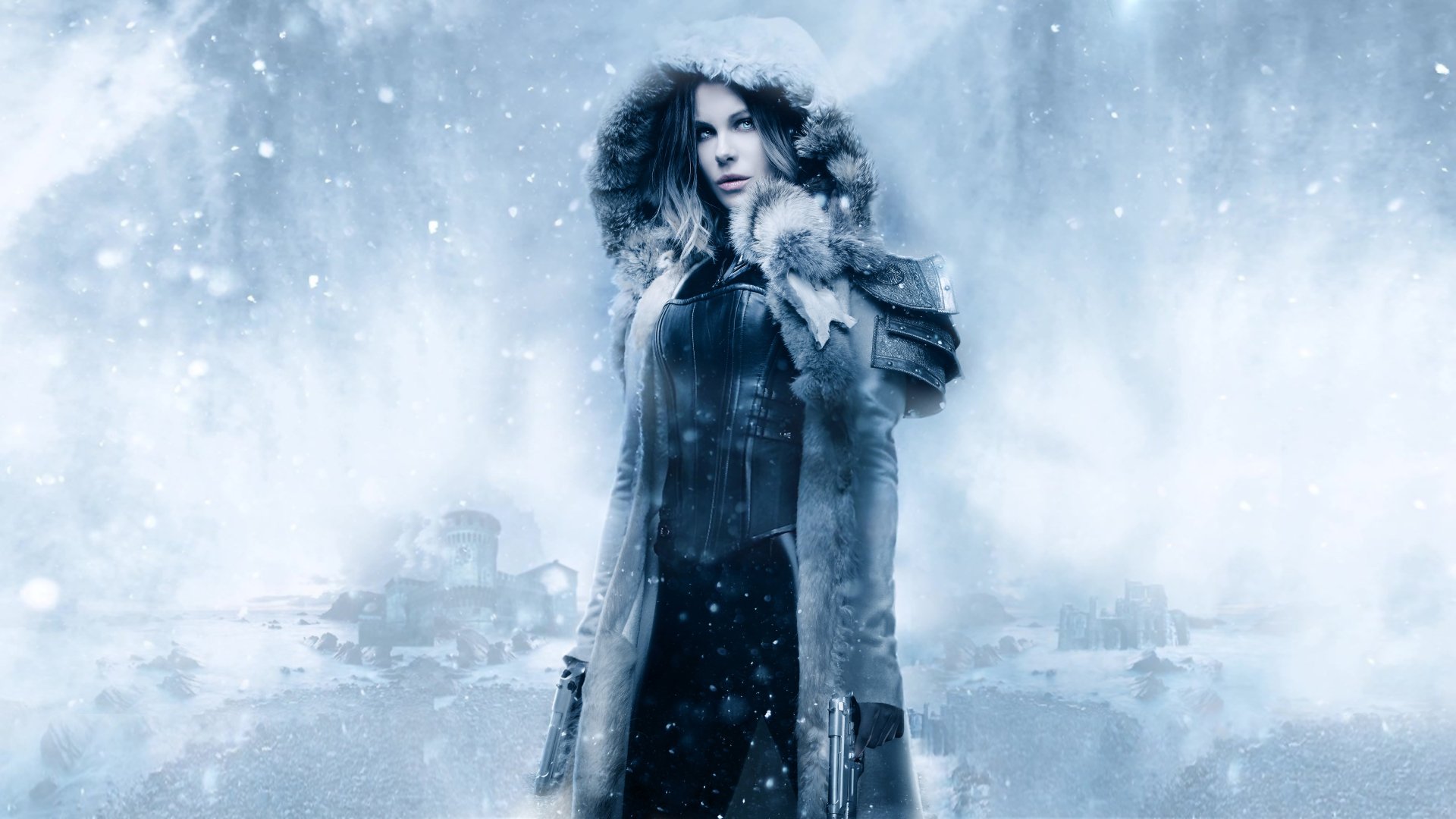 HD desktop wallpaper of Kate Beckinsale as Selene in Underworld: Blood Wars, set against a snowy, wintry background.