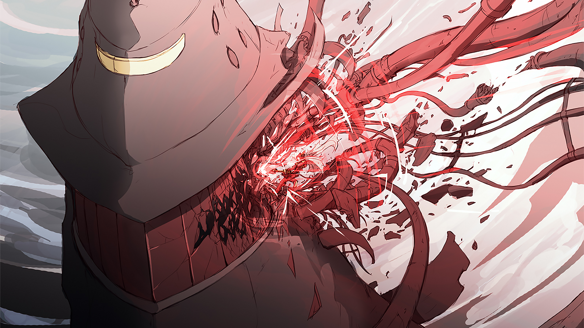 Anime FLCL HD PC desktop wallpaper and background: helmeted figure ripped open by writhing red tentacles, blood and debris in a violent close-up.