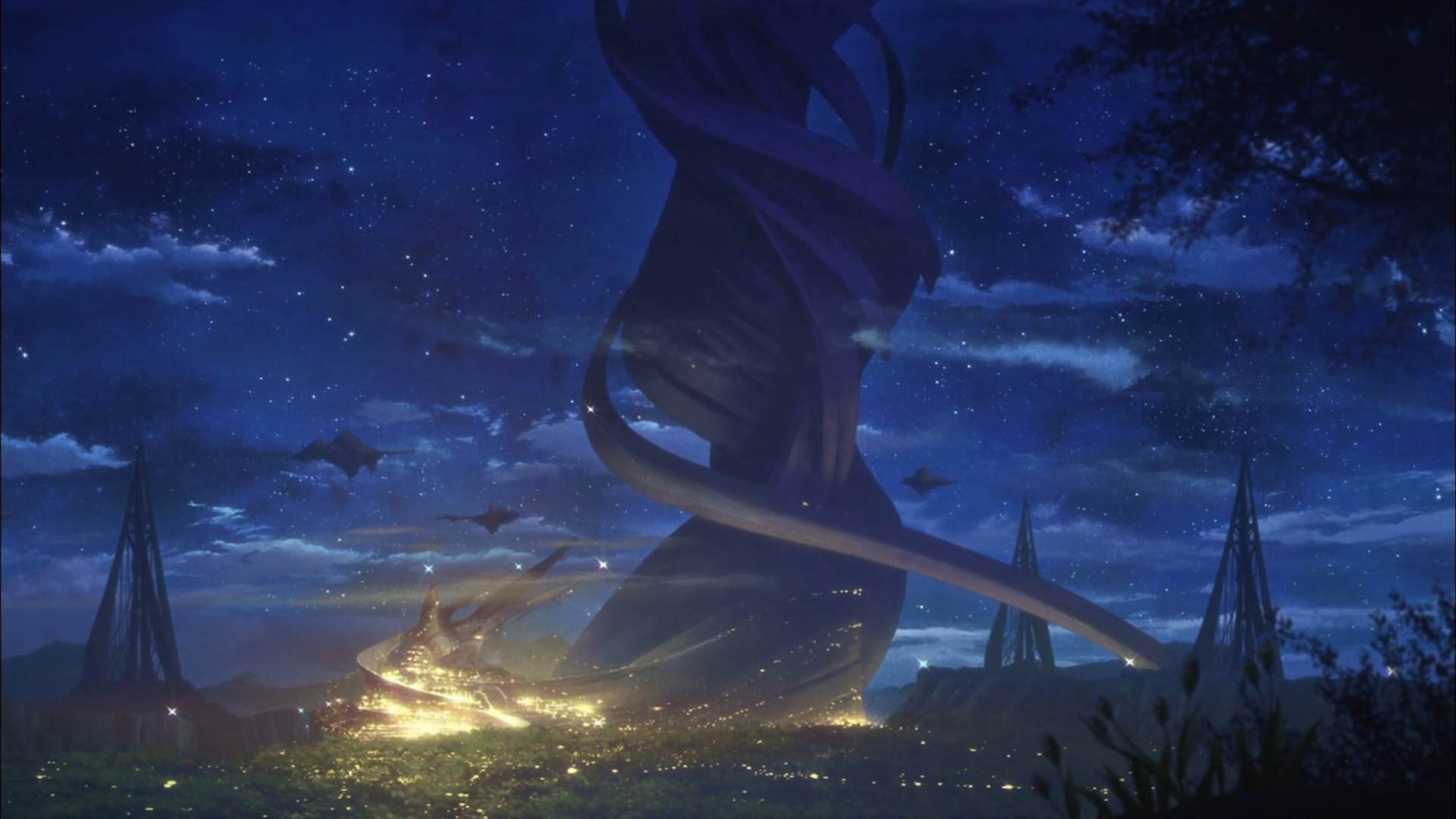 HD desktop wallpaper featuring a breathtaking nightscape from Sword Art Online, showcasing a towering, majestic structure against a starry sky with scattered clouds and glowing lights below.
