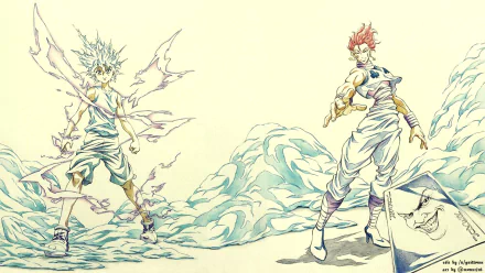 HD desktop wallpaper and background featuring characters from Hunter x Hunter, depicting an intense scene with one character generating electricity and the other poised for battle against an icy mountain backdrop.