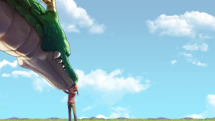 Anime HD wallpaper from Miss Kobayashi's Dragon Maid featuring Kobayashi and Tohru in a peaceful outdoor scene with a blue sky and clouds.