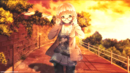 HD anime desktop wallpaper featuring Mirai Kuriyama from Beyond the Boundary, standing on a sunlit path with warm orange and yellow tones in the background.