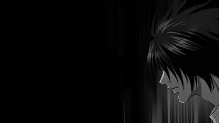 A high-definition desktop wallpaper featuring L from the anime Death Note, portrayed in a dramatic black and white profile against a dark background.