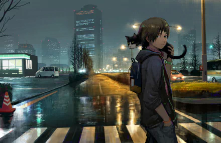 Anime boy holding a cat stands on a crosswalk in front of a rainy night cityscape with tall buildings and a road. The image is an HD desktop wallpaper and background.