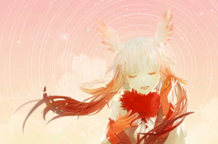 HD anime desktop wallpaper featuring Crested Ibis from Kemono Friends with soft pastel tones and ethereal circular patterns in the background.