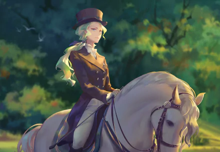 Anime character Diana Cavendish with green hair and blue eyes, rides a white horse, wearing a brown hat and suit, set against a lush forest background. HD desktop wallpaper from Little Witch Academia.