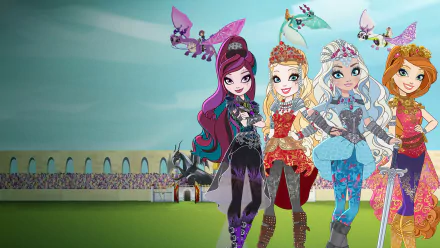 HD wallpaper of Ever After High characters in a fantasy stadium. These stylish dolls, from Mattel's fairy tale TV show, showcase vibrant fashion in an enchanting background.