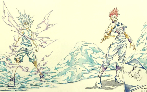 HD desktop wallpaper and background featuring characters from Hunter x Hunter, depicting an intense scene with one character generating electricity and the other poised for battle against an icy mountain backdrop.