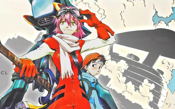 HD PC desktop anime wallpaper of Haruko Haruhara and Naota Nandaba from FLCL — Haruko in a red coat and scarf with her bass, Naota beside her against mech silhouettes and clouds.