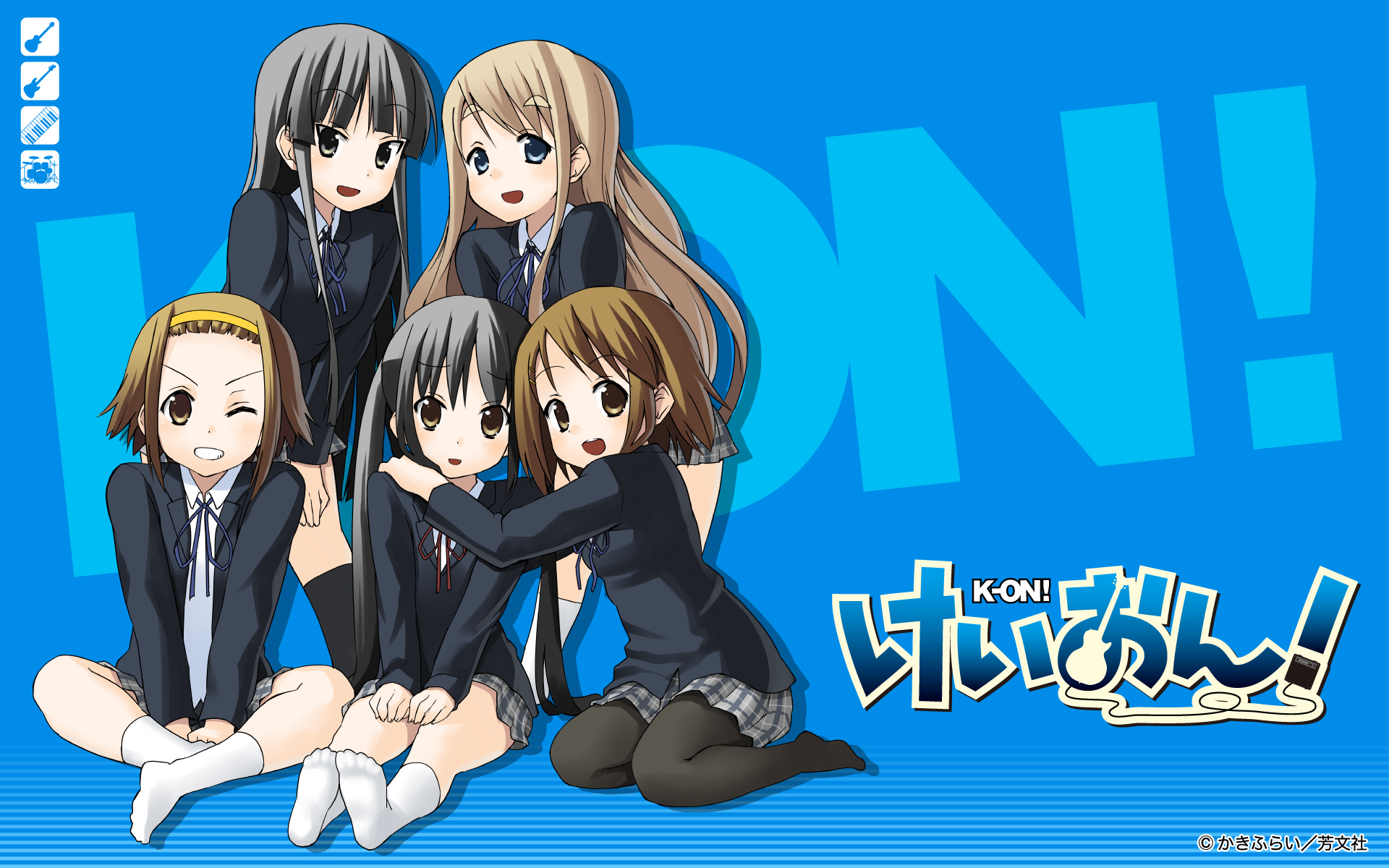 Anime band with Mio, Tsumugi, Ritsu, Azusa, and Yui.