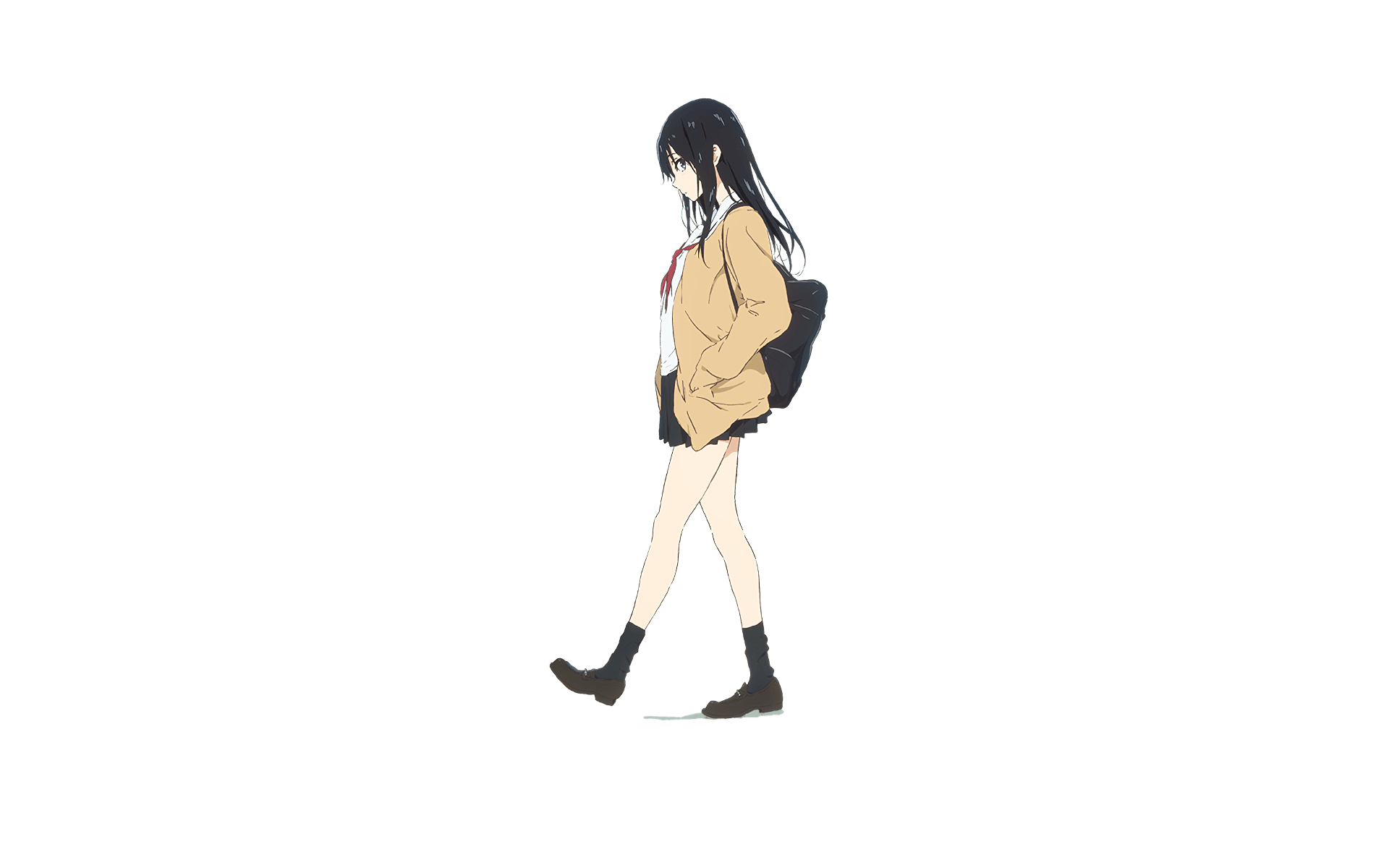 HD anime desktop wallpaper of Naoka Ueno from A Silent Voice, featuring her walking with a school uniform and backpack against a plain white background.