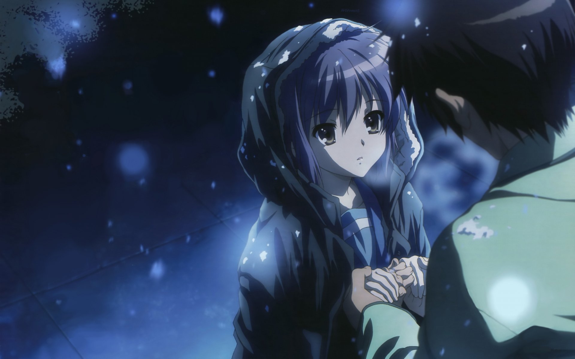 HD anime wallpaper featuring Kyon and Yuki Nagato from The Melancholy of Haruhi Suzumiya, with a soft, glowing blue background creating an emotional atmosphere.