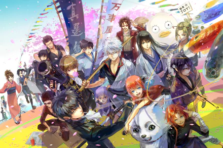 HD desktop wallpaper featuring characters from the anime Gintama, set against a vibrant, colorful background with cherry blossoms and festive elements.