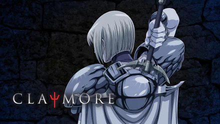 HD desktop wallpaper featuring Clare from the anime Claymore, showcasing her armored back and wielding a large sword against a dark, textured background. The word Claymore is displayed on the left side.