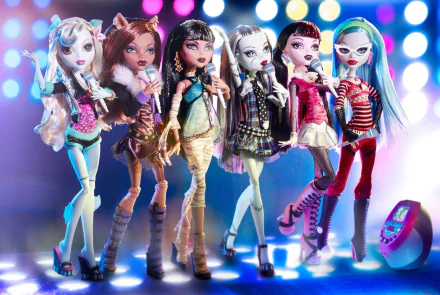 HD desktop wallpaper featuring six Monster High dolls in a stylish, gothic, and emo fantasy theme, each with distinct outfits and poses, set against a vibrant, colorful background.