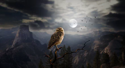 A high-definition desktop wallpaper showing a manipulated image of an owl perched on a branch with a moonlit mountainous background.