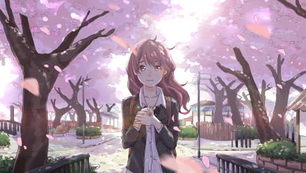 HD wallpaper featuring Shouko Nishimiya from A Silent Voice, standing amidst blooming cherry blossom trees. The background is calm and beautifully illuminated by the soft light of the sun.