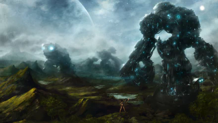 A 4K Ultra HD Sci-Fi landscape featuring giant glowing robots towering over rugged terrain beneath a cloudy sky and distant planet.