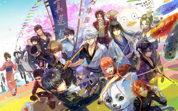 HD desktop wallpaper featuring characters from the anime Gintama, set against a vibrant, colorful background with cherry blossoms and festive elements.