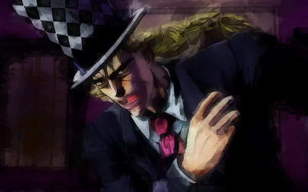 HD anime wallpaper featuring Robert E. O. Speedwagon from JoJo's Bizarre Adventure: Phantom Blood, with blonde hair and distinctive hat in a dramatic pose.