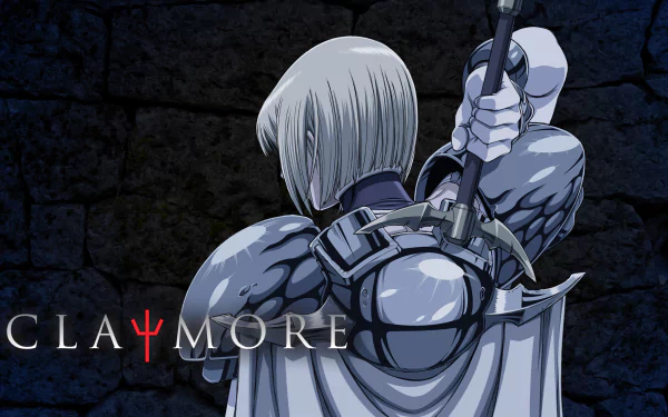 HD desktop wallpaper featuring Clare from the anime Claymore, showcasing her armored back and wielding a large sword against a dark, textured background. The word Claymore is displayed on the left side.
