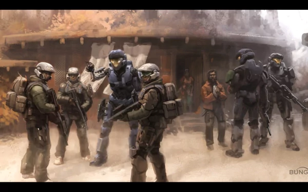 A dynamic HD wallpaper featuring Spartan soldiers from the video game Halo, showcasing an intense scene with armed characters in an atmospheric setting.