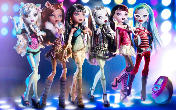 HD desktop wallpaper featuring six Monster High dolls in a stylish, gothic, and emo fantasy theme, each with distinct outfits and poses, set against a vibrant, colorful background.