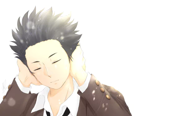 HD PC desktop wallpaper: anime character Shouya Ishida from A Silent Voice, eyes closed with hands cupping his ears, soft sunlight and a minimalist white background.