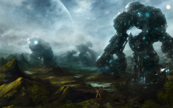 A 4K Ultra HD Sci-Fi landscape featuring giant glowing robots towering over rugged terrain beneath a cloudy sky and distant planet.