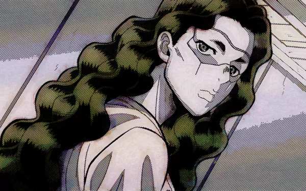 Yukako Yamagishi from JoJo's Bizarre Adventure, anime-style close-up with flowing dark green hair and intense gaze — HD PC desktop wallpaper/background.