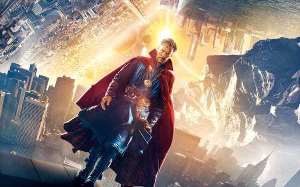 Doctor Strange stands amid a fractured cityscape with glowing magical effects in this vibrant 4K Ultra HD PC desktop wallpaper from the movie Doctor Strange.