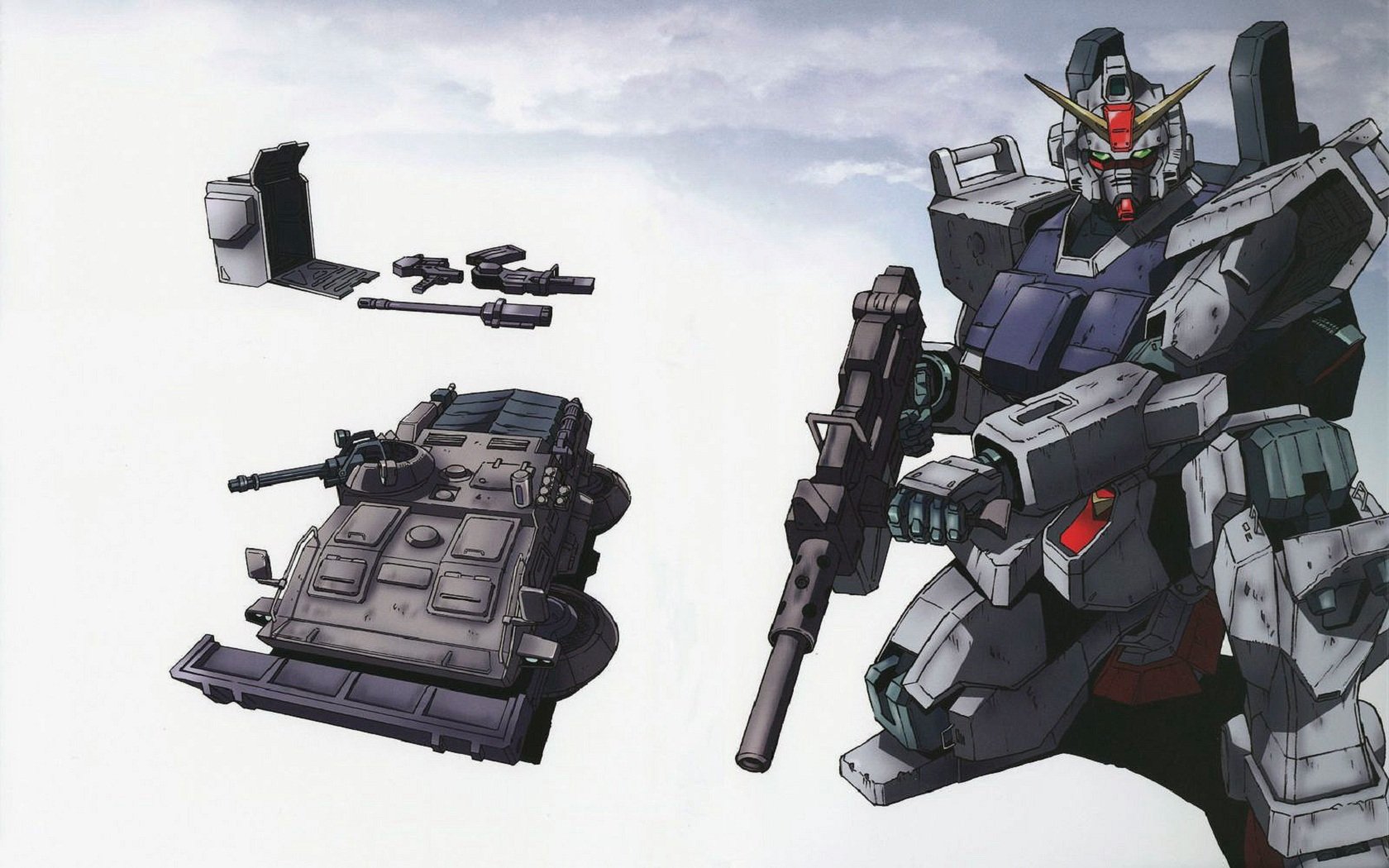 A dynamic HD PC desktop wallpaper featuring a detailed Gundam suit alongside various weapons, set against a minimalist background, capturing the essence of anime action.