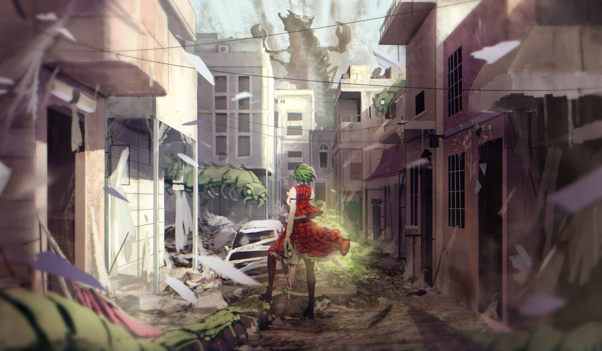 HD anime desktop wallpaper featuring Yuuka Kazami from Touhou standing in a sunlit, abandoned urban street surrounded by debris and overgrown plants.
