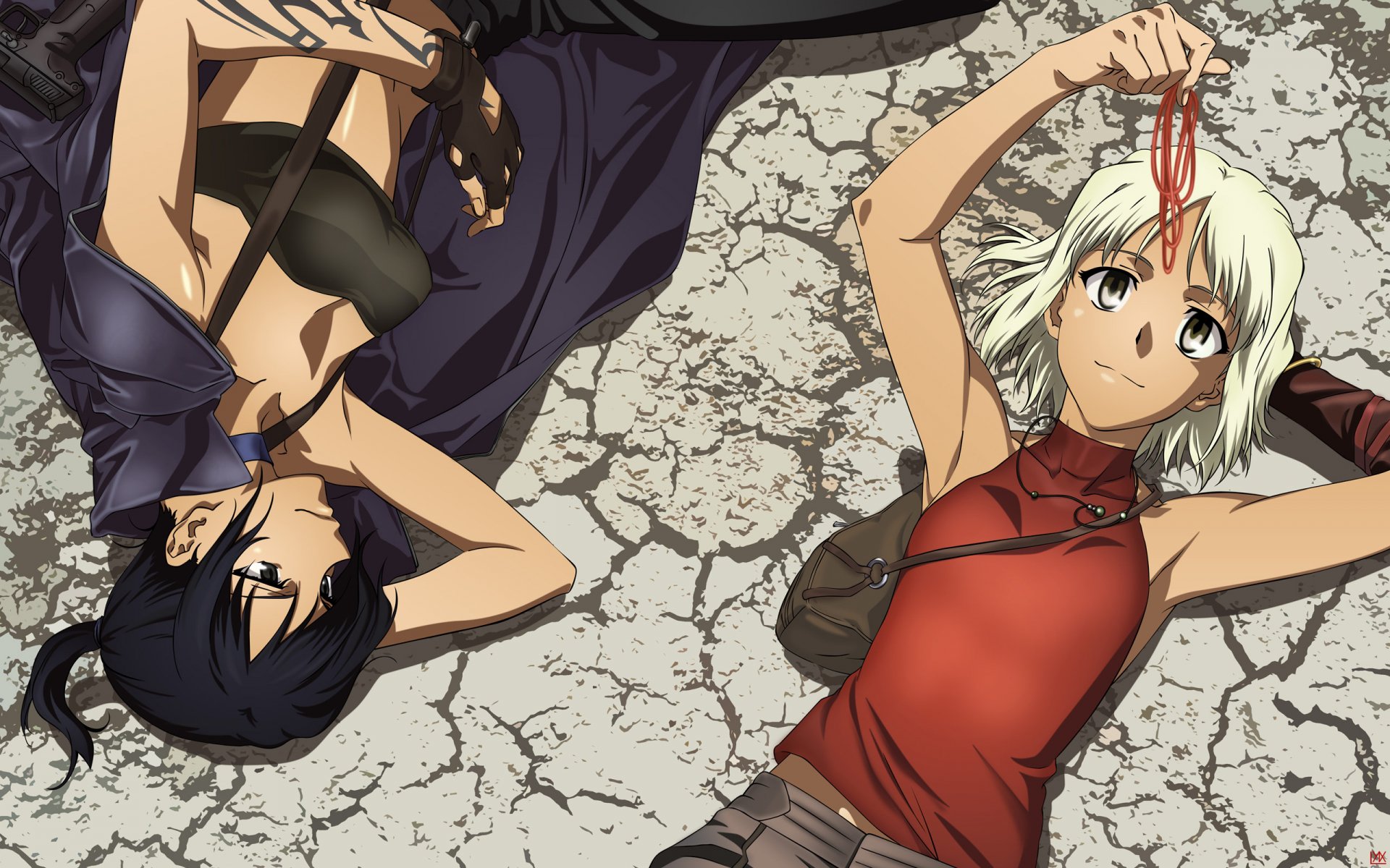 HD anime desktop wallpaper featuring two cute characters from Canaan, lying on cracked ground with relaxed expressions and casual outfits.