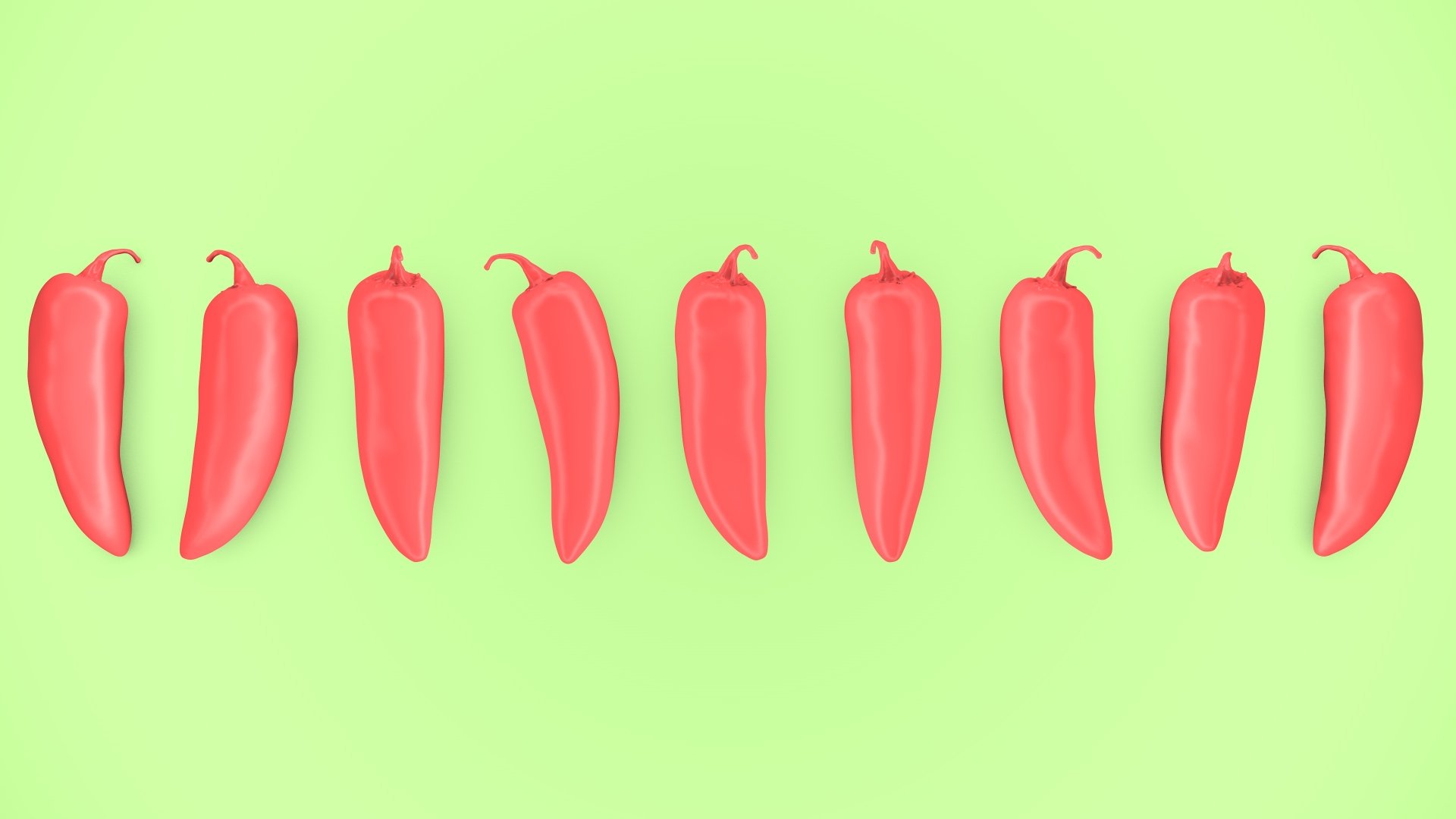 Minimalist artistic 4K Ultra HD PC wallpaper of evenly spaced red peppers on a bright green background, highlighting vibrant color contrasts in a clean food-themed design.
