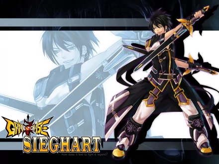 HD PC desktop wallpaper featuring Sieghart, a character from the video game GrandChase, wielding dual swords with dynamic black and purple attire.