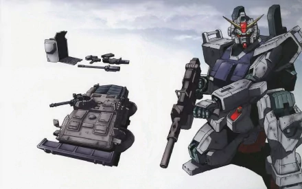 A dynamic HD PC desktop wallpaper featuring a detailed Gundam suit alongside various weapons, set against a minimalist background, capturing the essence of anime action.